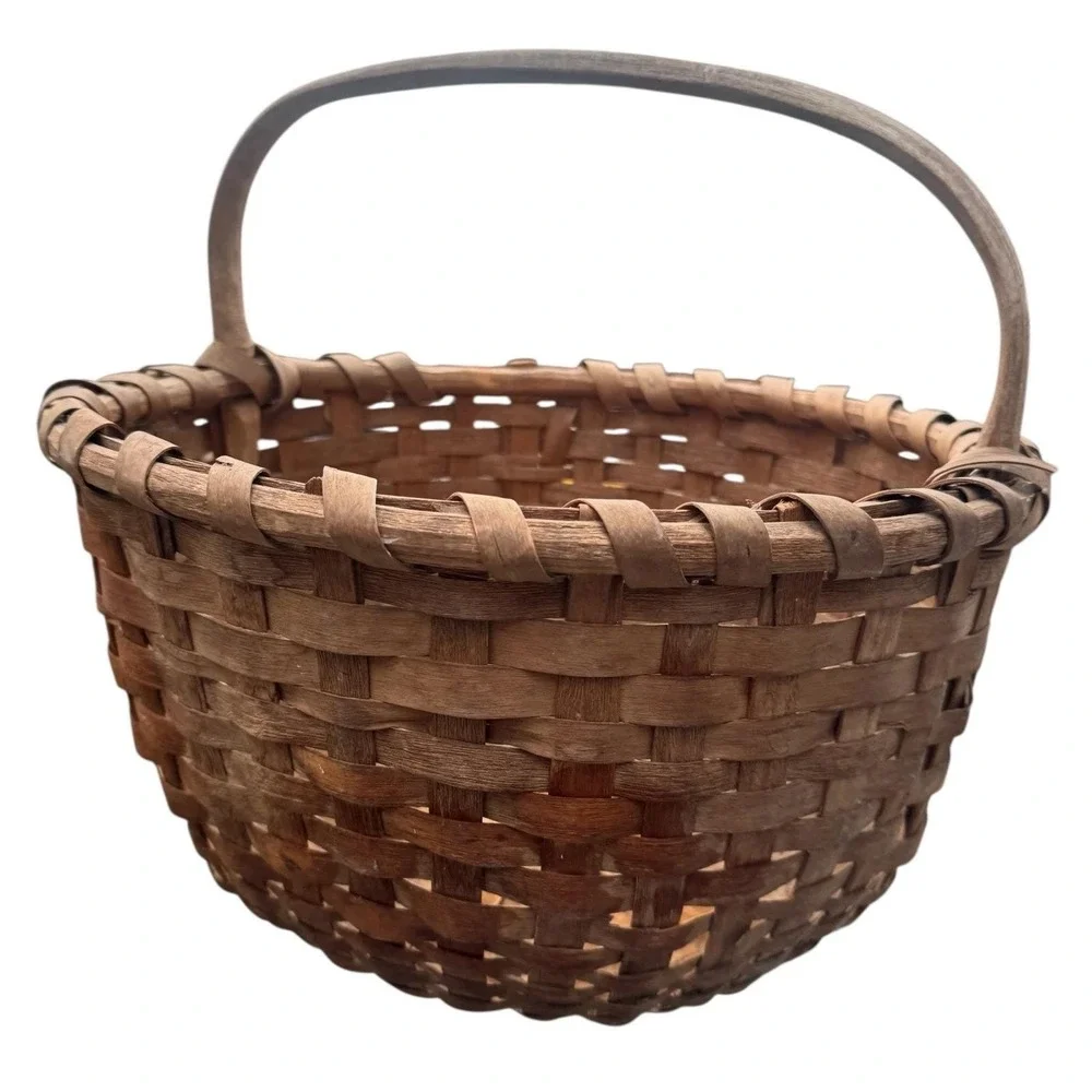 Vintage‎ Primitive Hand Woven Splint Wood Gathering Basket Fixed Handle Brown